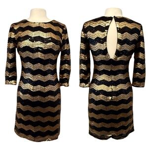 Gianni Bini Dress Sz M Sequin Black Gold Zigzag Mini 3/4 Sleeve Keyhole Back